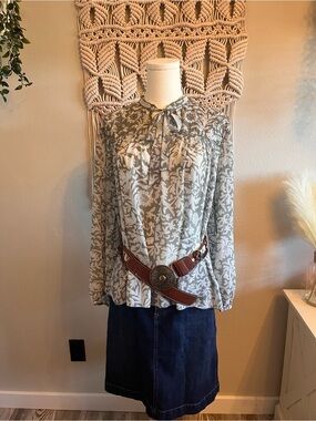 Beaded Lucky Brand Sage Floral Tie-Neck Blouse